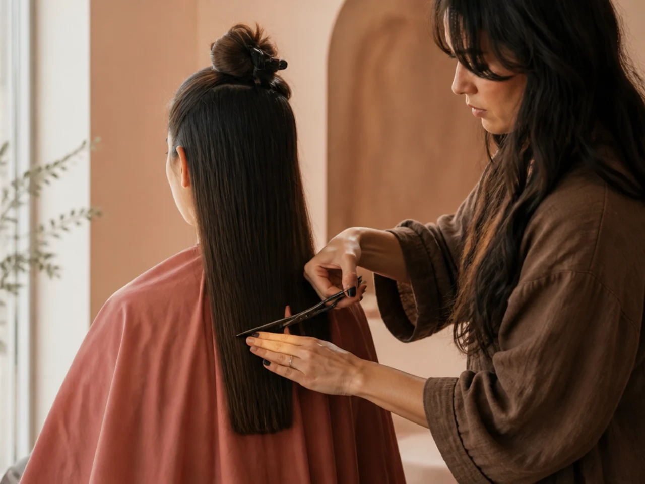 Long hair being trimmed to a single length to remove an old two length cut