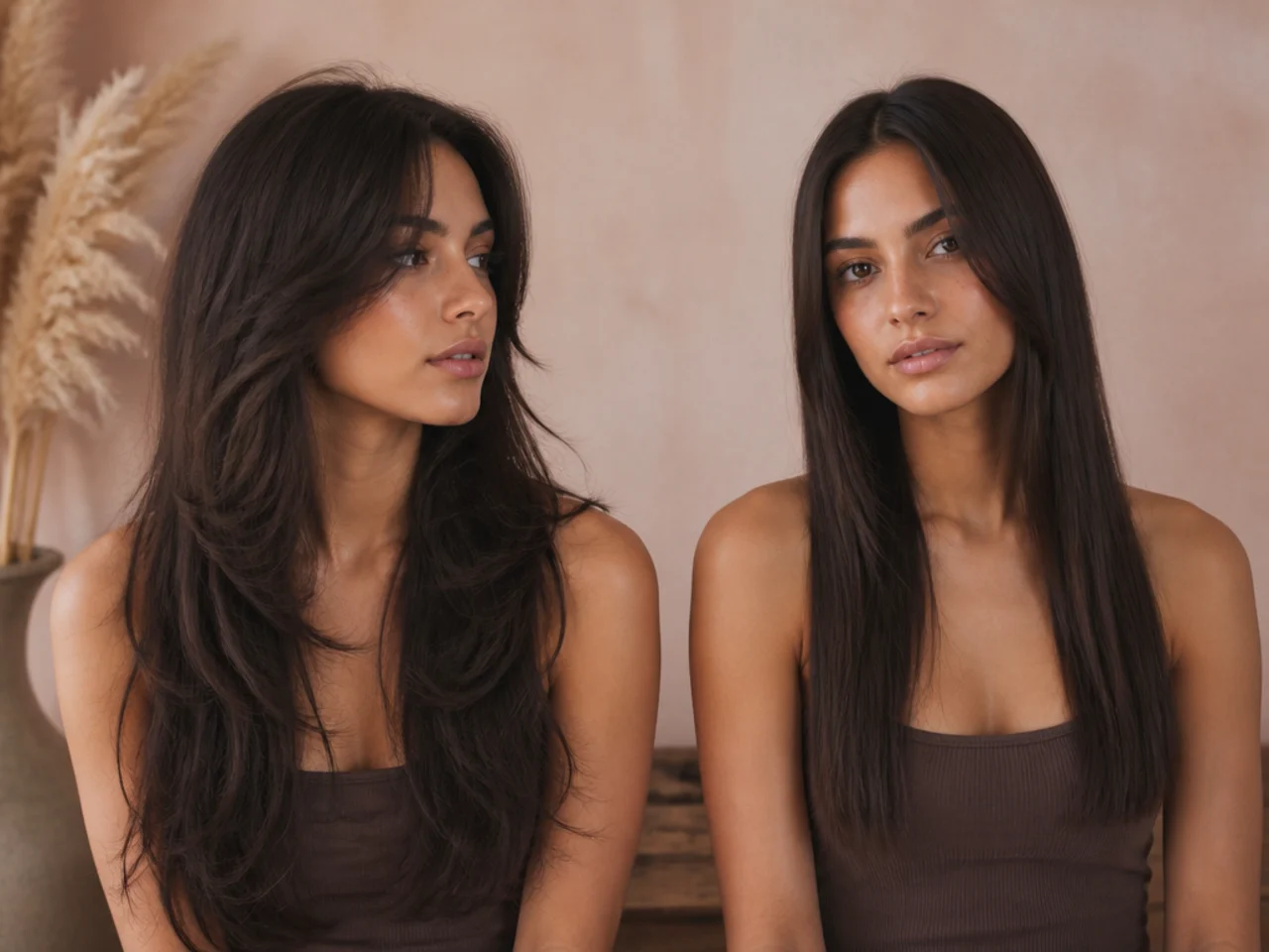 Long hair sectioned to show many graduated lengths beside hair showing only two