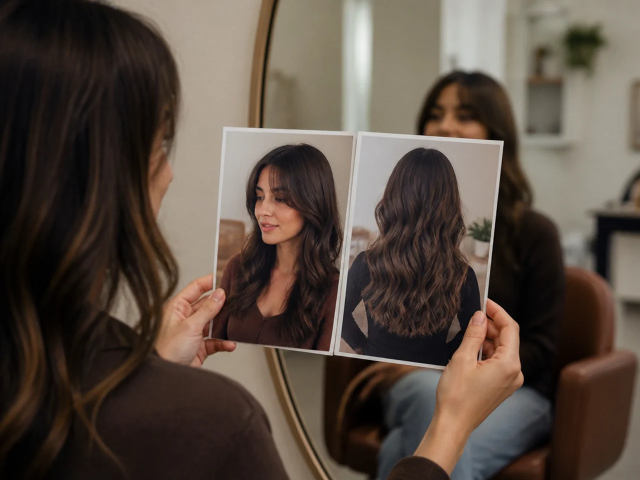 Two reference photographs held side by side at a salon mirror