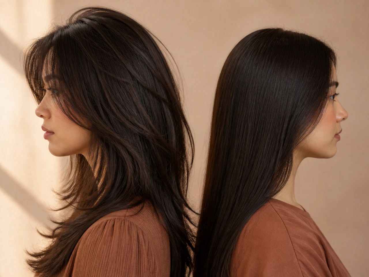 A lifted layered crown next to a flat unlayered crown on long hair