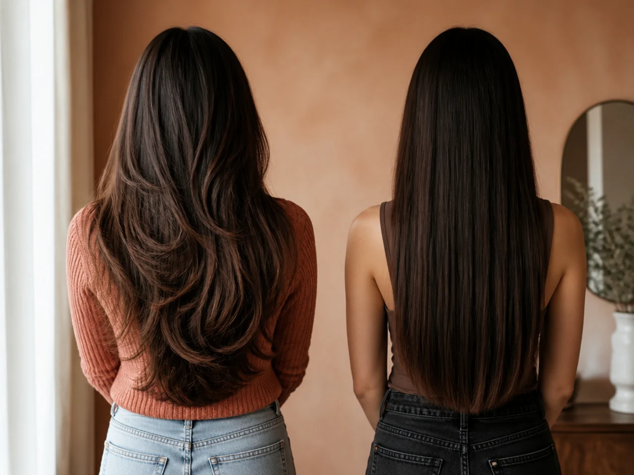 Back view comparing visibly layered hair with a smooth one length back
