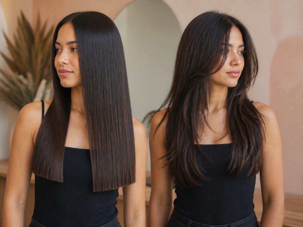 Fine long hair with a solid blunt edge compared to a thinned layered edge
