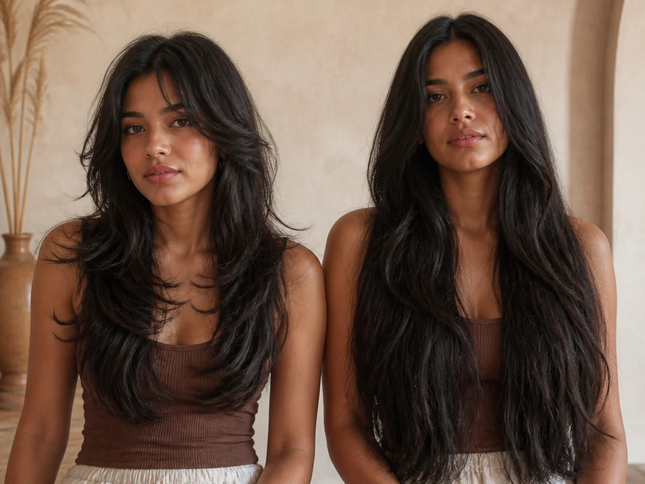 Very thick long hair layered into a wolf cut beside the same density left heavy