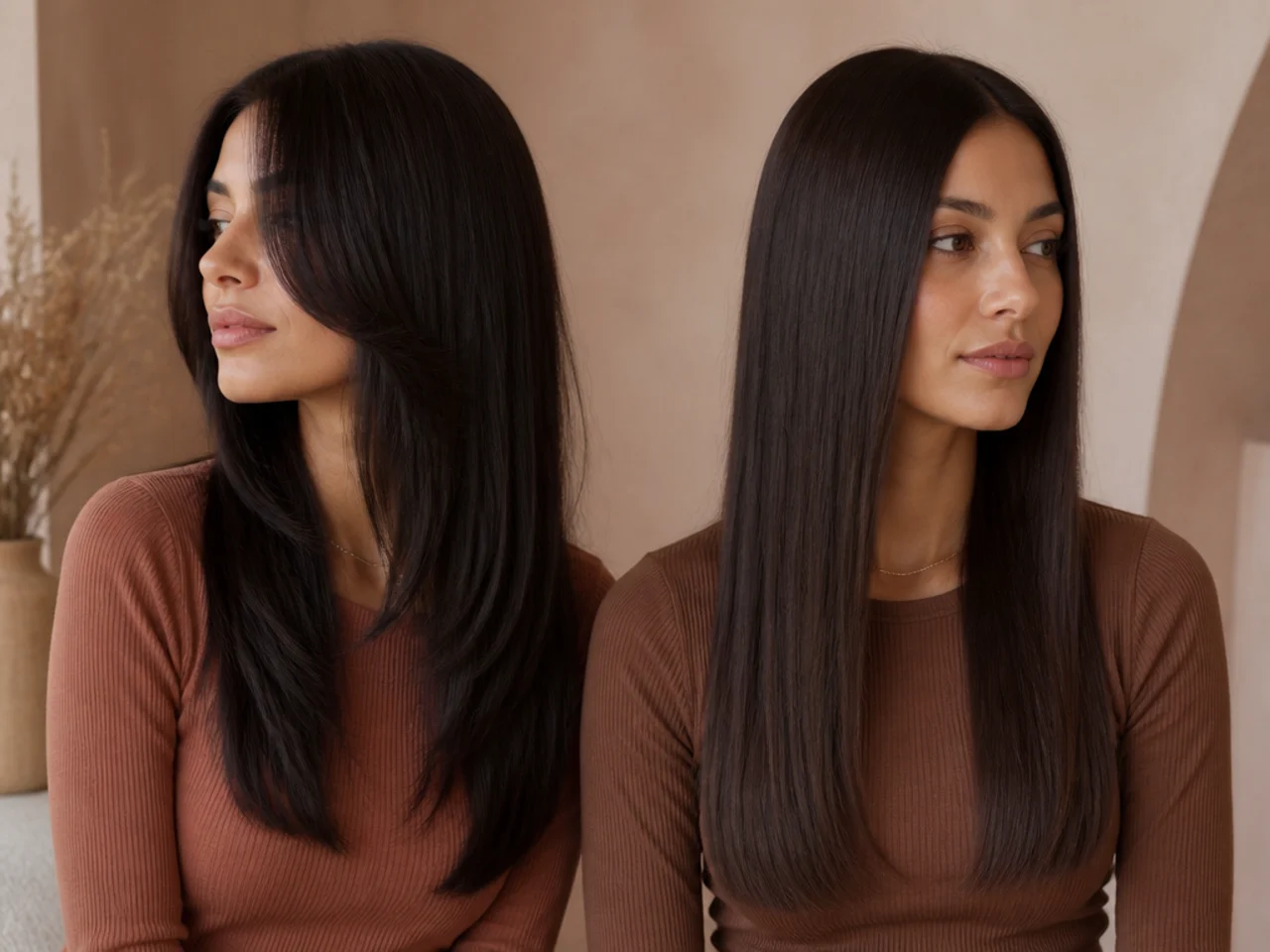 Straight hair showing a visible layer step next to a smoothly graduated version