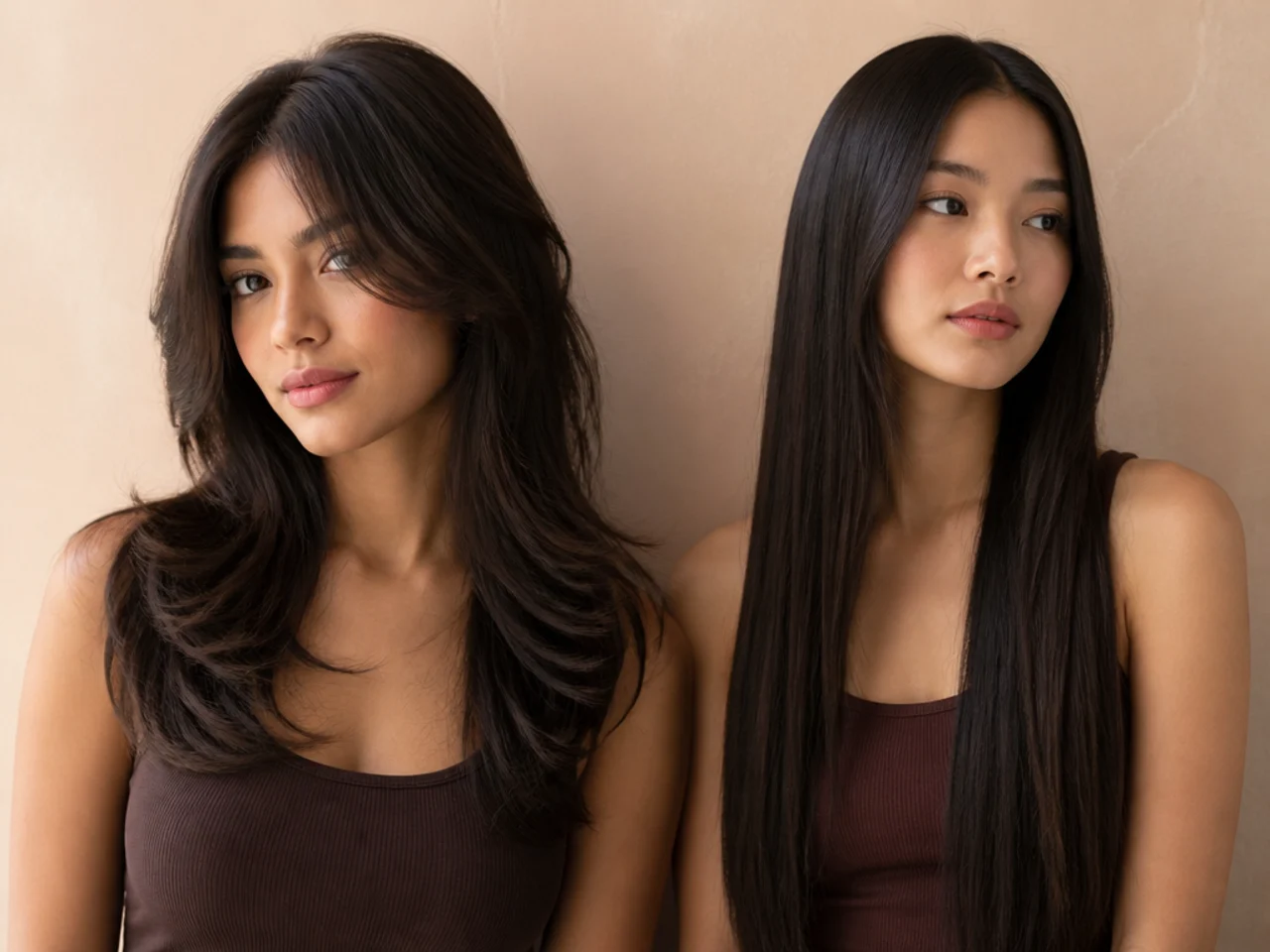 Three quarter portrait comparing a layered and a two length long haircut