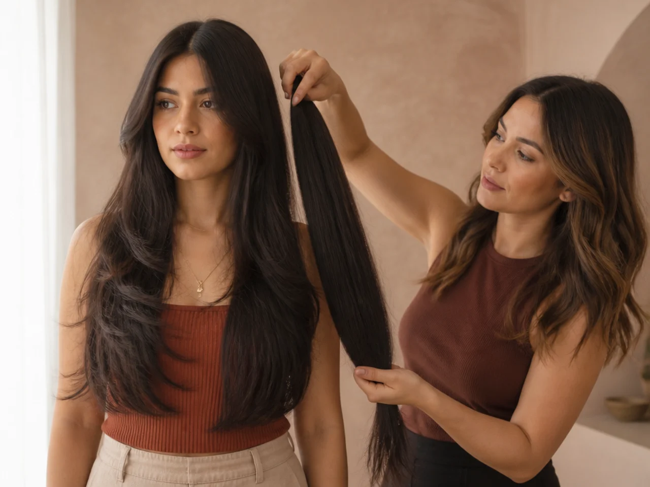 Stylist holding two sections of long hair to compare a layered and an unlayered outline