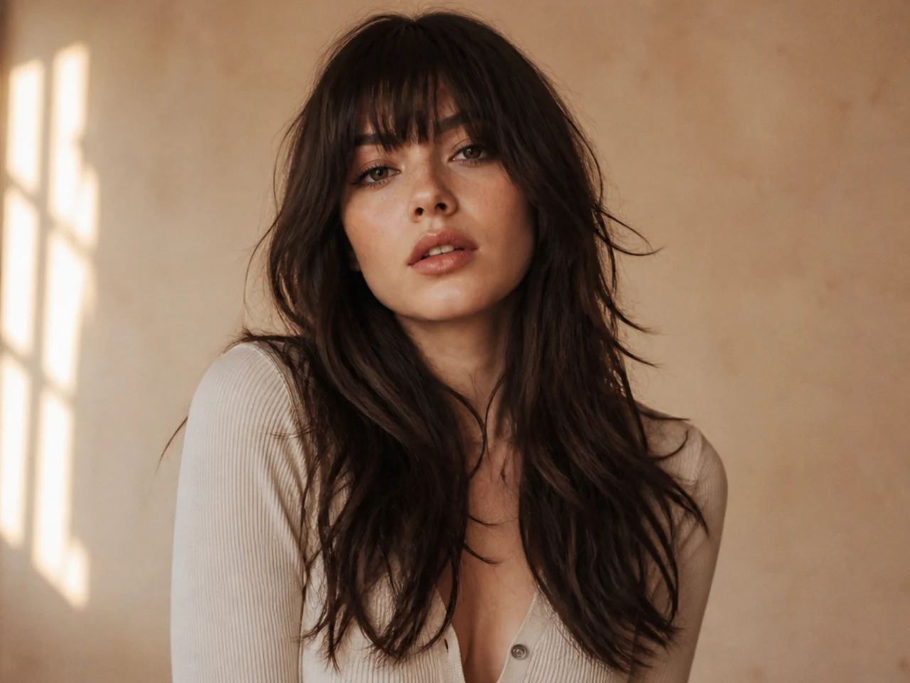 A long wolf cut with a full fringe