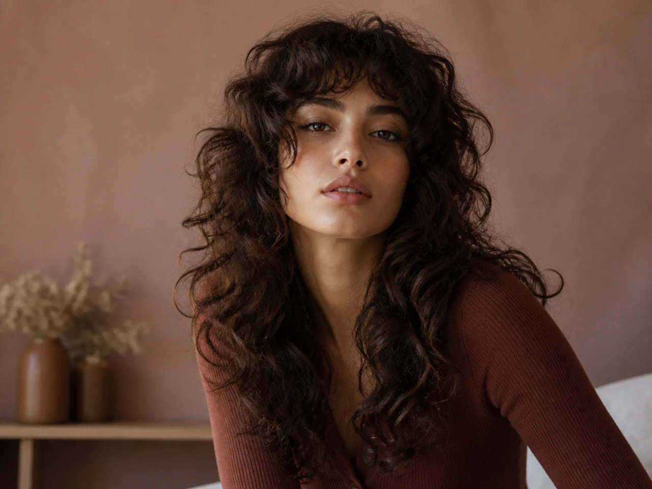 A long wolf cut on thick curly hair