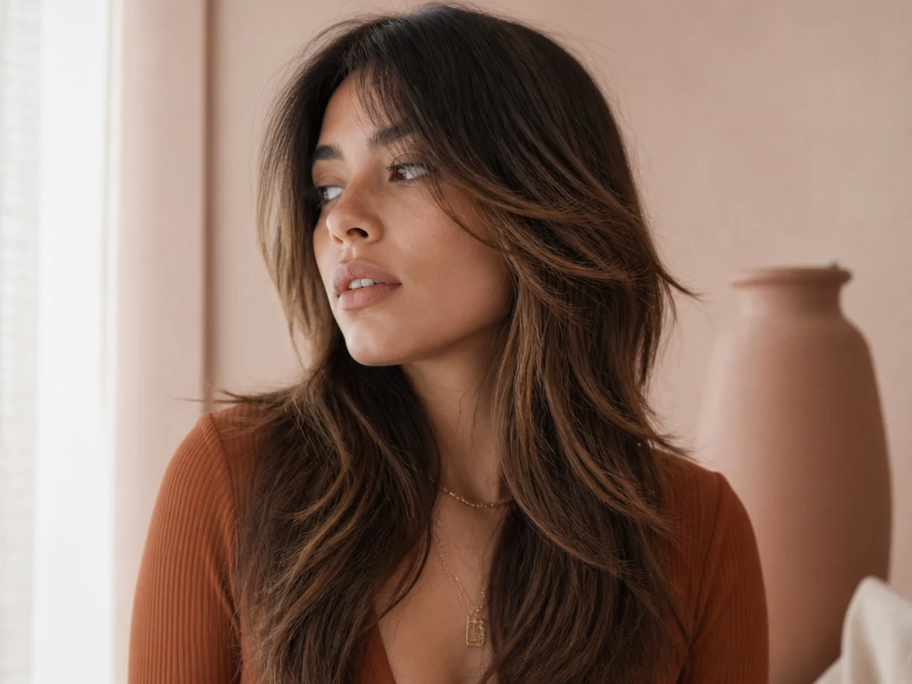 A long wolf cut with face framing highlights