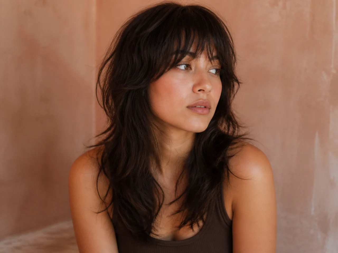 A long wolf cut with a wispy fringe