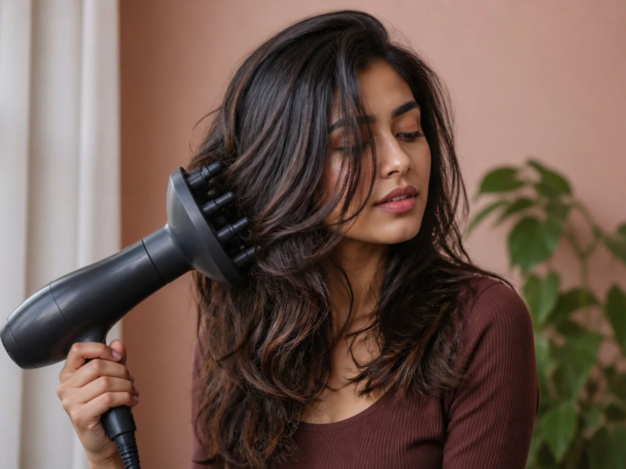 A diffuser being used on layered thick hair