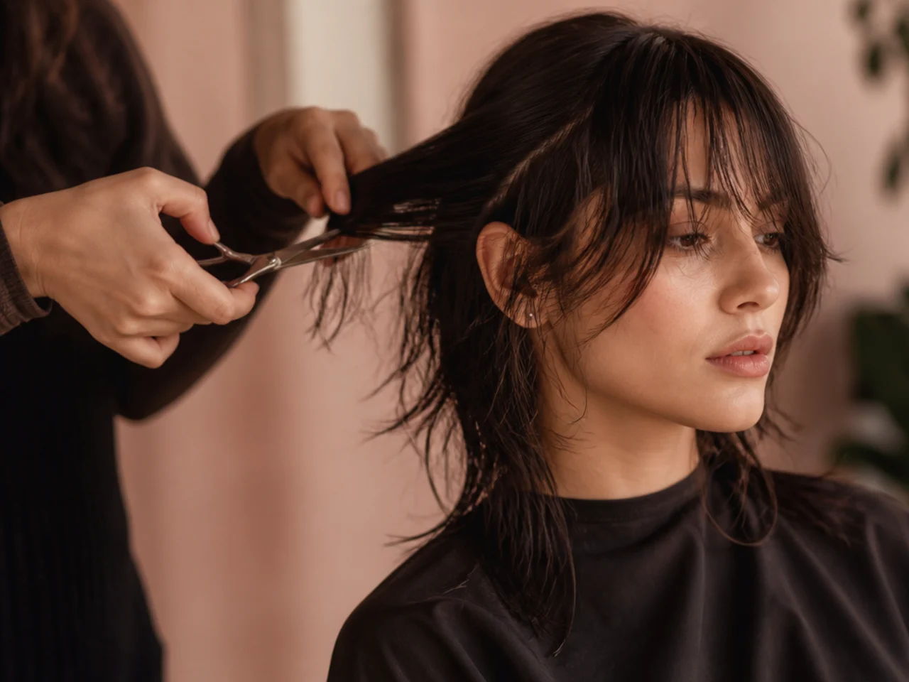 Fine hair being cut dry into wolf cut layers