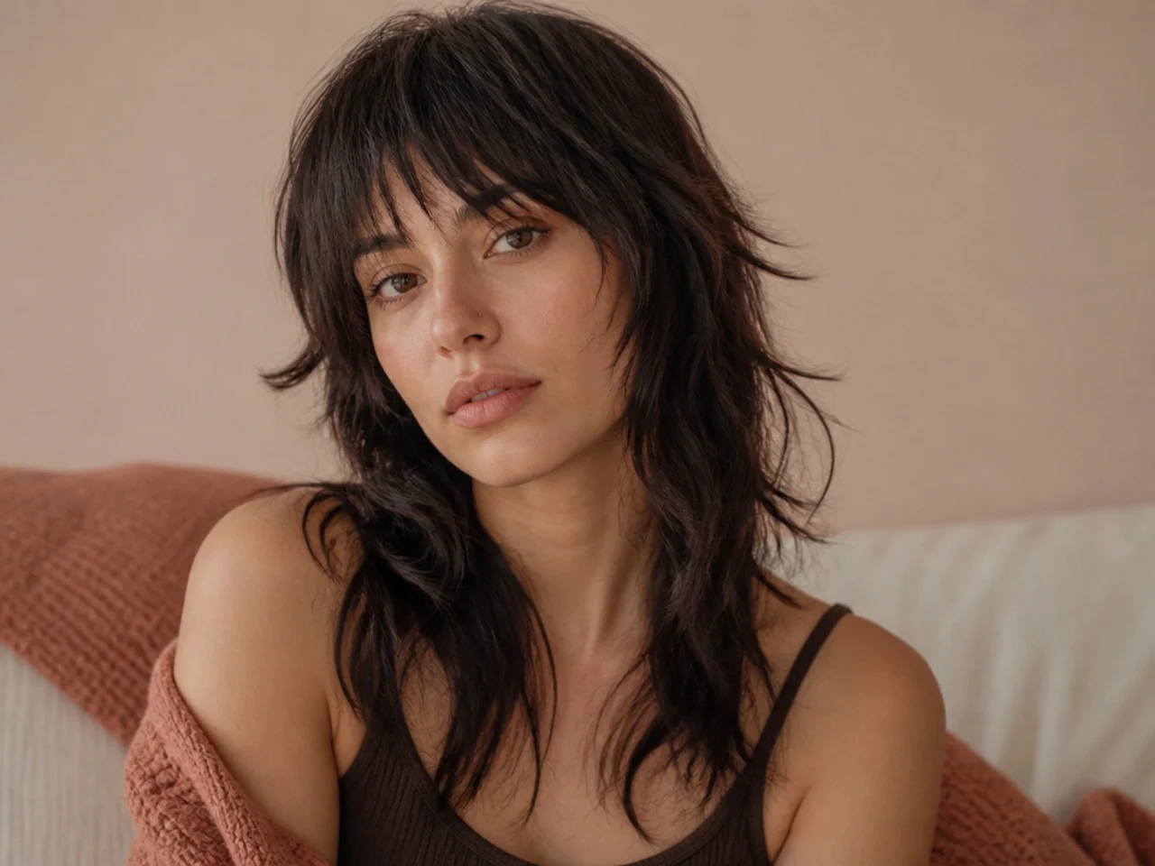 A softly point cut fringe on a wolf cut