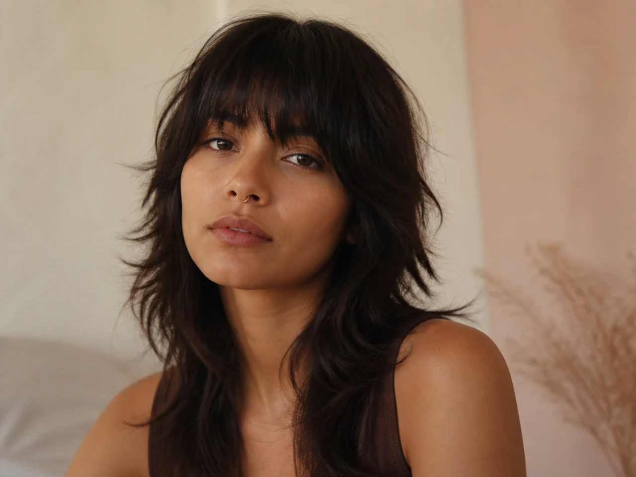 A wolf cut with a heavy full fringe
