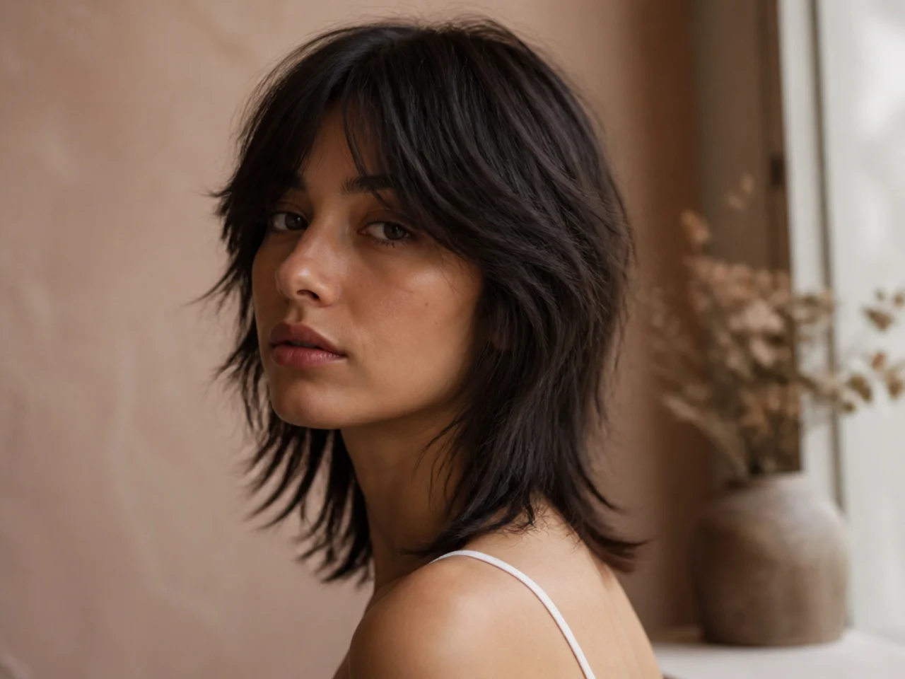 Three quarter view of a medium wolf cut on fine hair