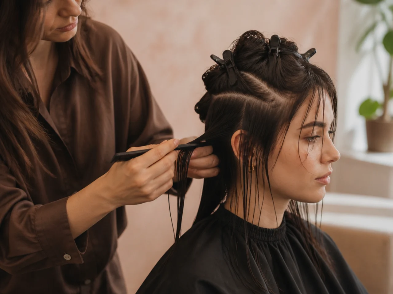 A stylist sectioning fine hair before cutting layers
