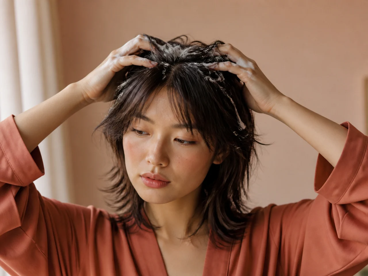Mousse being worked into the roots of a fine wolf cut