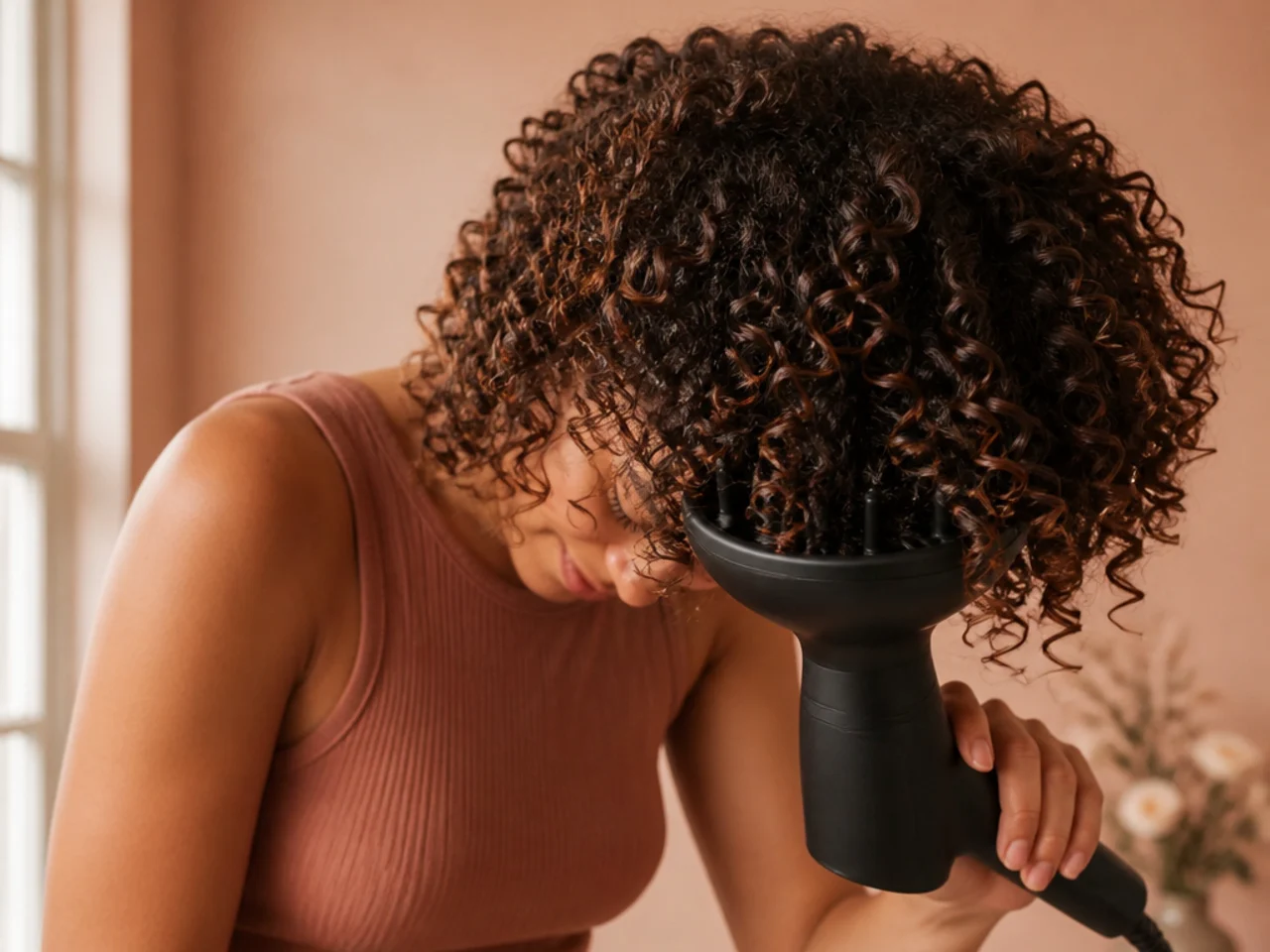 A diffuser held against curls at the crown with the head tipped forward