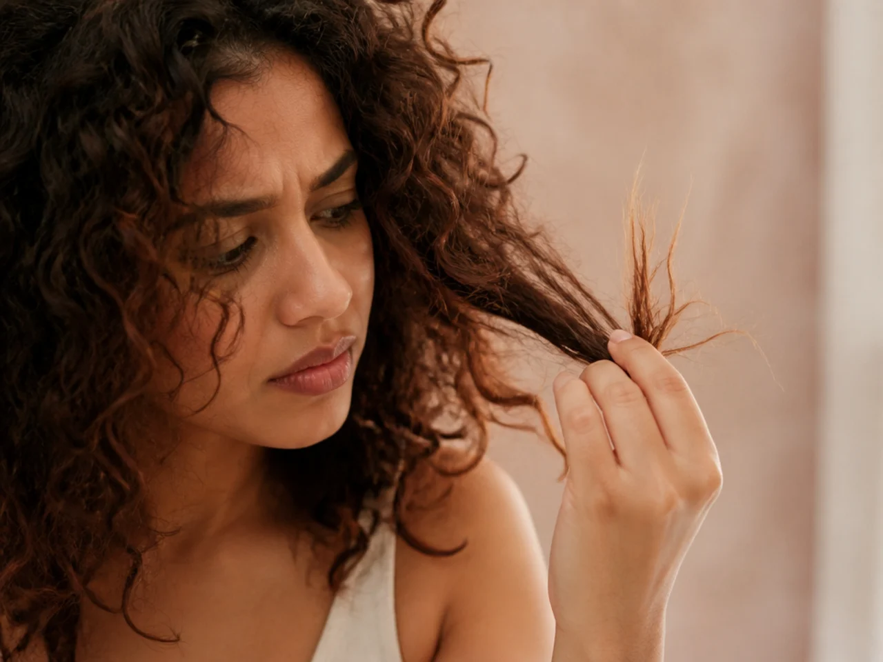 Split curly ends held between two fingers in daylight