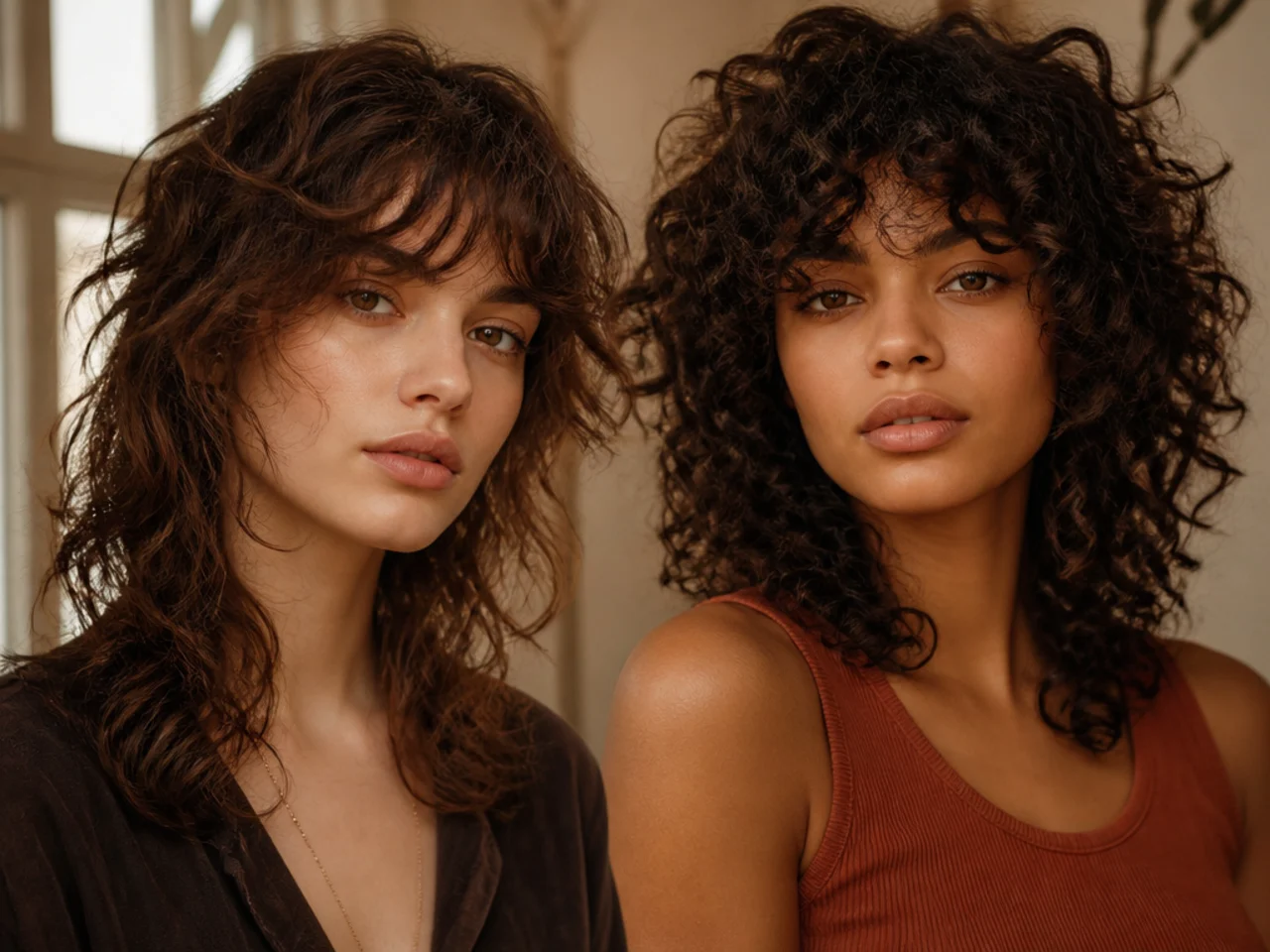 Two reference photos of curly wolf cuts on different curl patterns held side by side