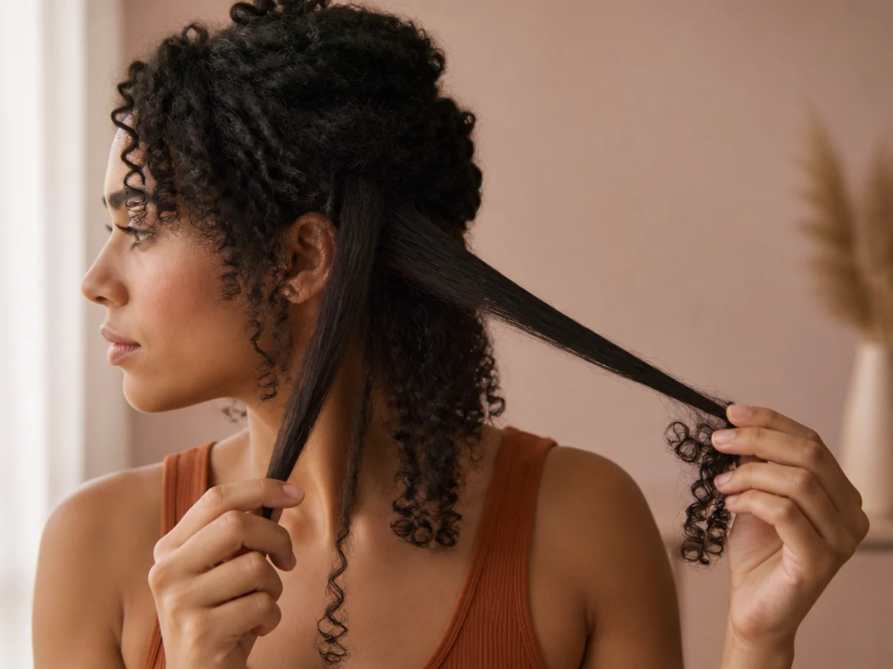 One section of curly hair pulled straight beside the same section left to spring back