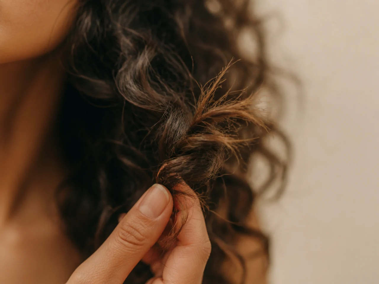 Close view of a frizzy curl clump with short broken ends sticking out