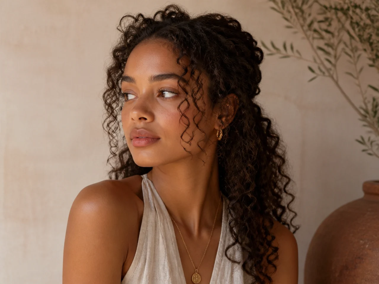 Curly face framing pieces sitting at the cheekbone beside longer back length