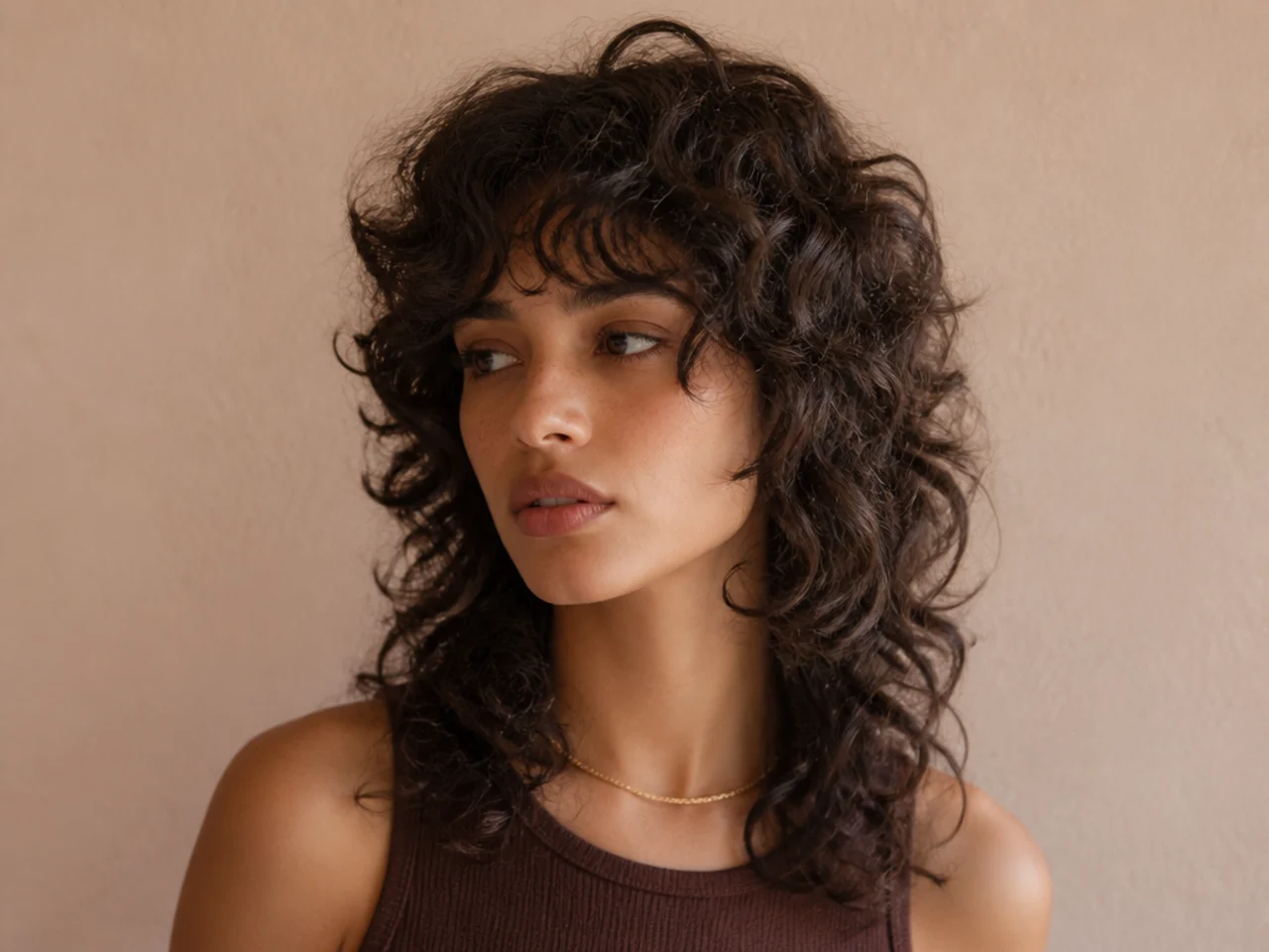 A curly wolf cut with high crown volume seen against a plain background