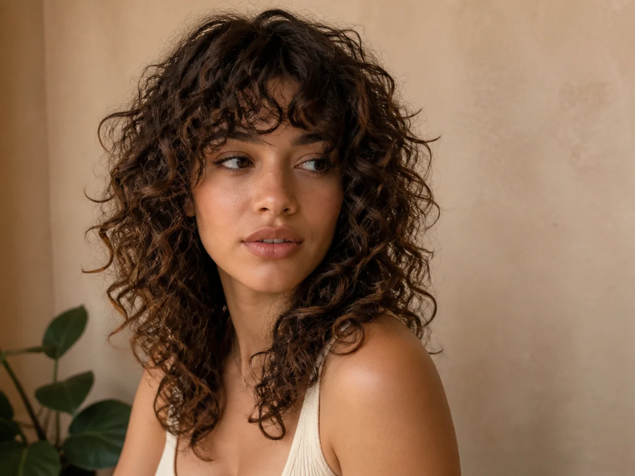 Three-quarter view of a medium curly wolf cut in natural light
