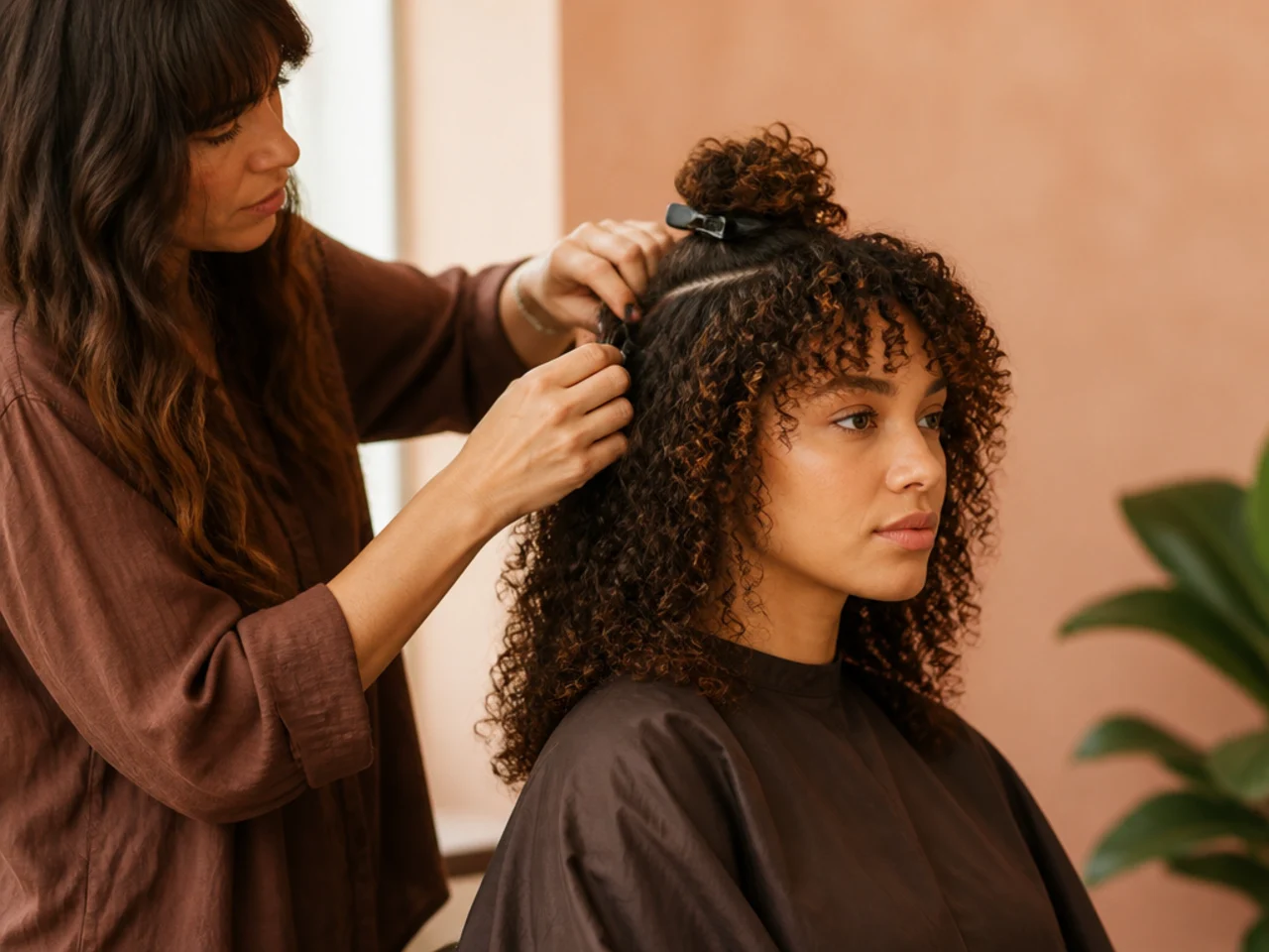 A stylist sectioning dry curls at the crown with clips before cutting