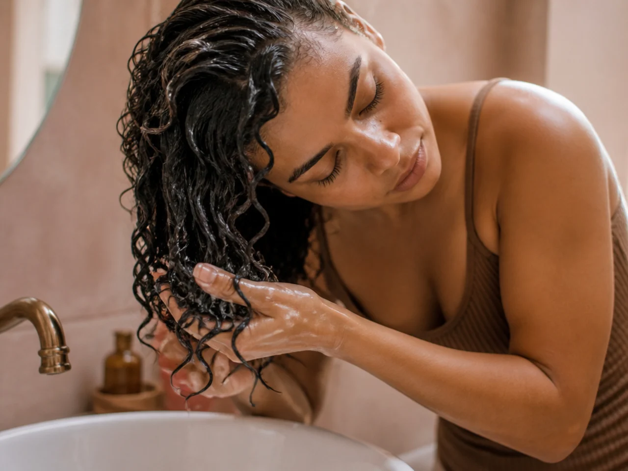 Curls being scrunched with gel over a sink while soaking wet