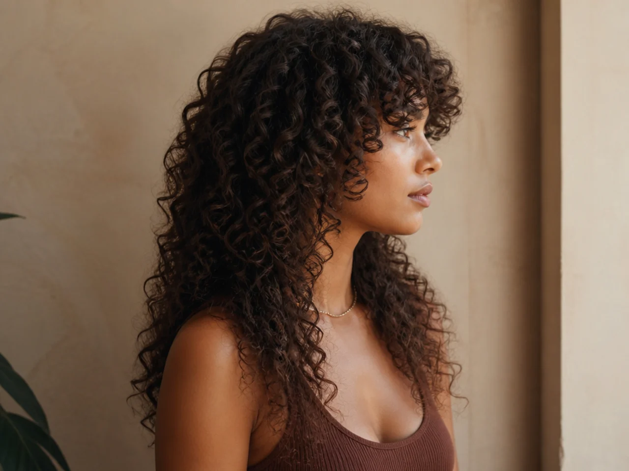 Side profile of curly hair showing a clear step between short crown layers and long ends