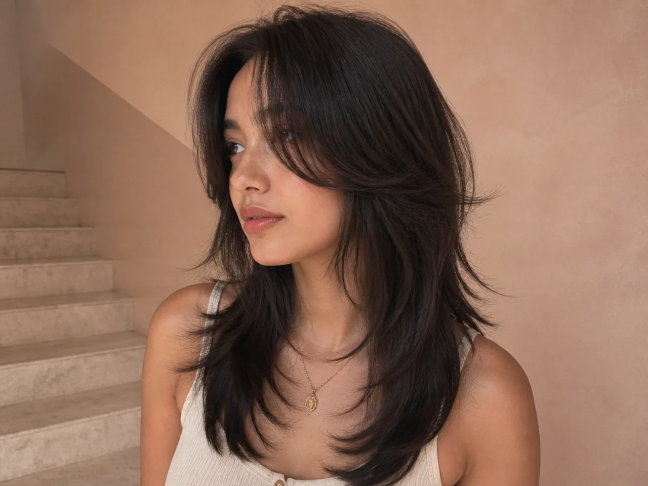 A wolf cut with curtain bangs splitting at the centre and sweeping to the cheekbones