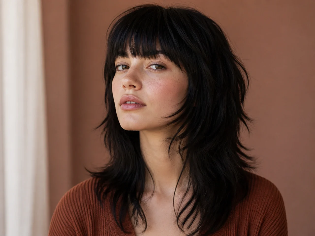 A wolf cut with a solid blunt fringe cut level with the eyebrows
