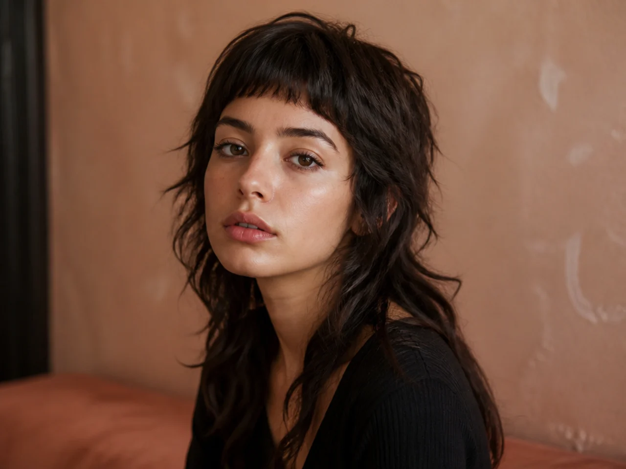 A wolf cut with a very short micro fringe sitting well above the eyebrows
