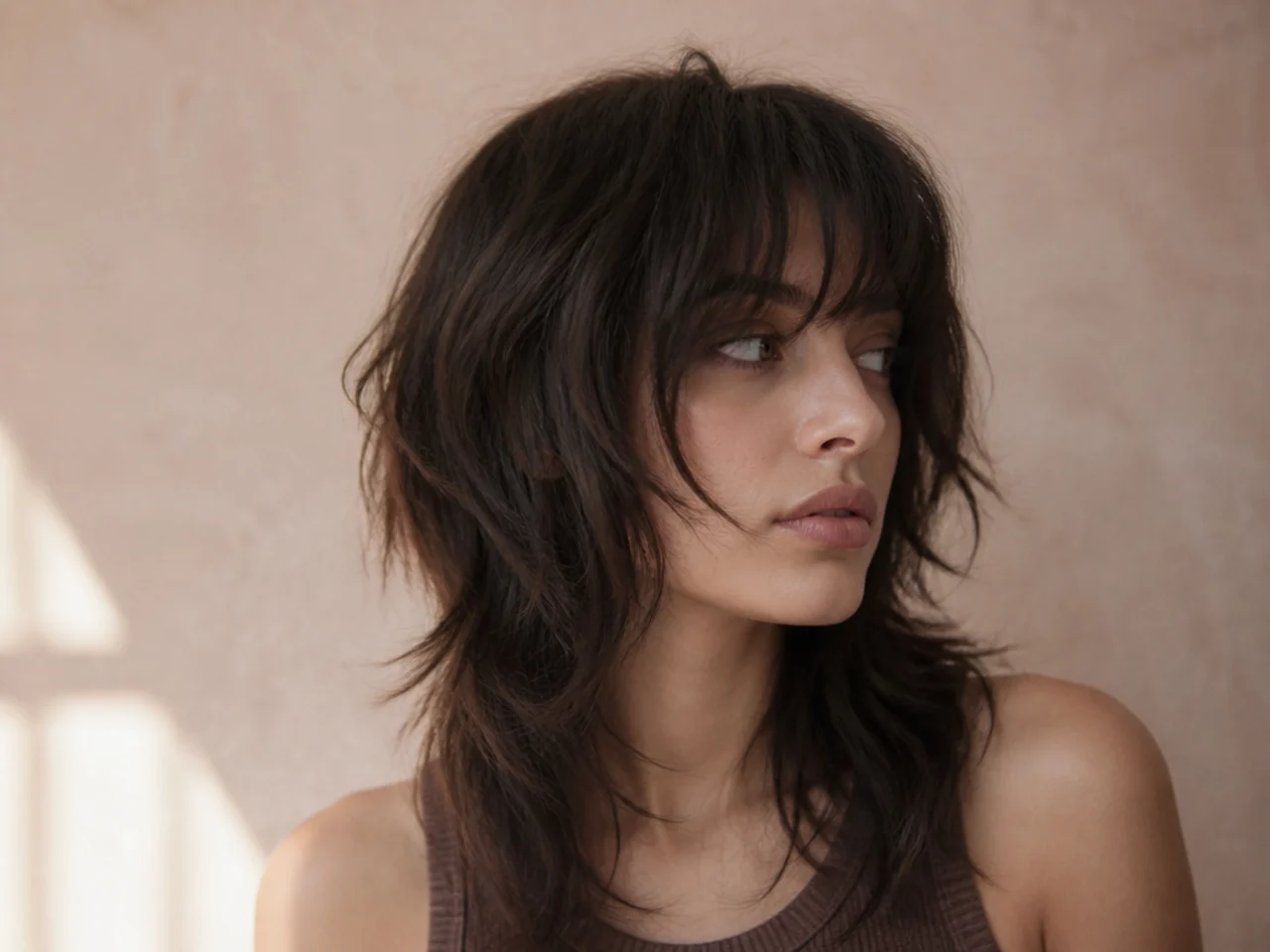 A wolf cut with a grown out fringe blending into long face framing pieces