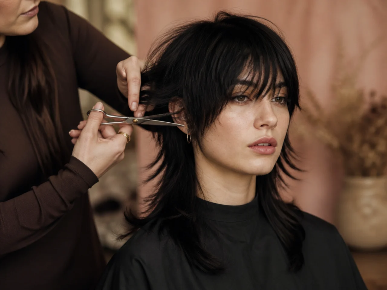 A stylist cutting into dry styled hair to place a layer on a wolf cut