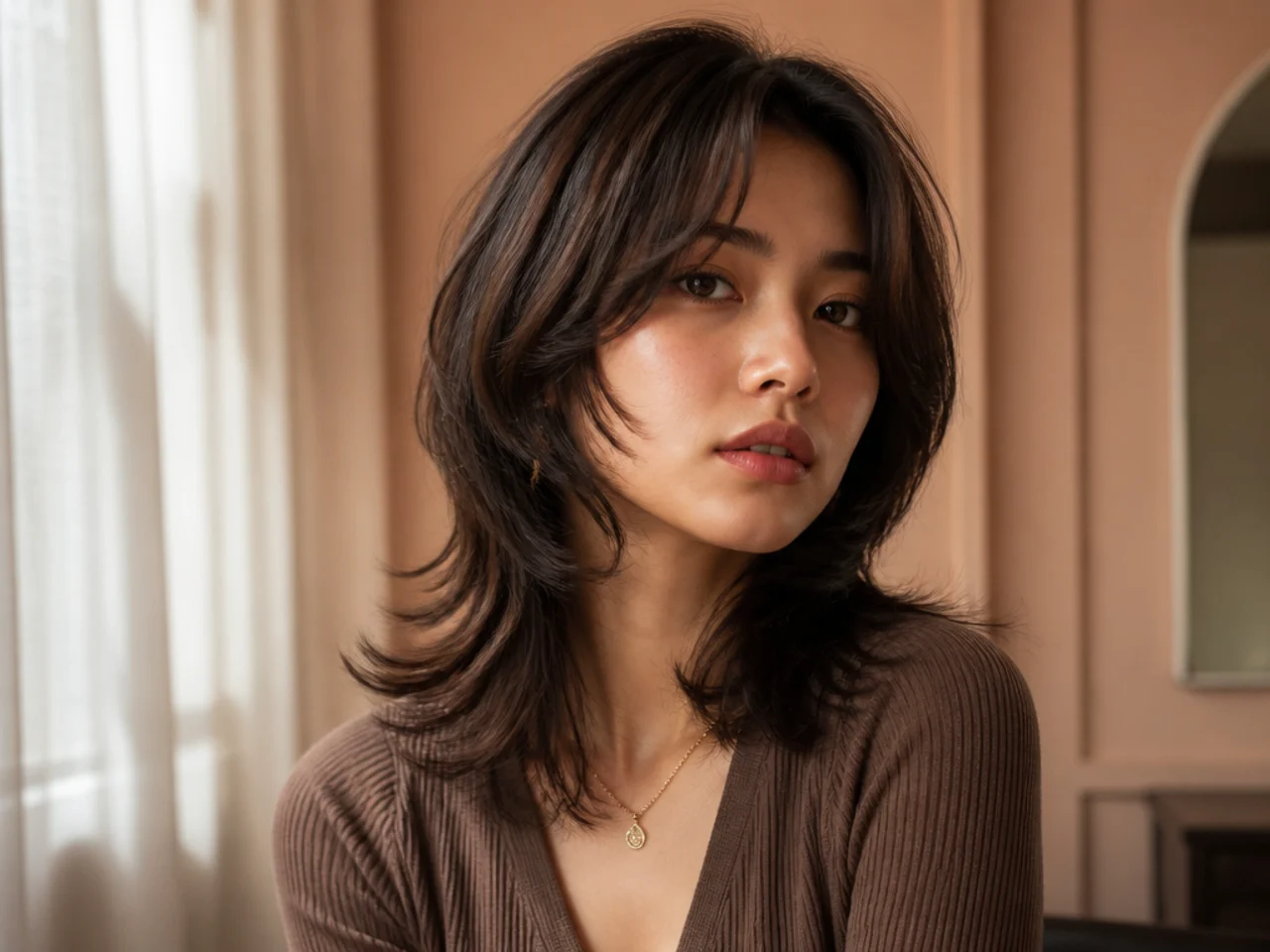 A softly layered medium wolf cut with gentle movement and a full perimeter