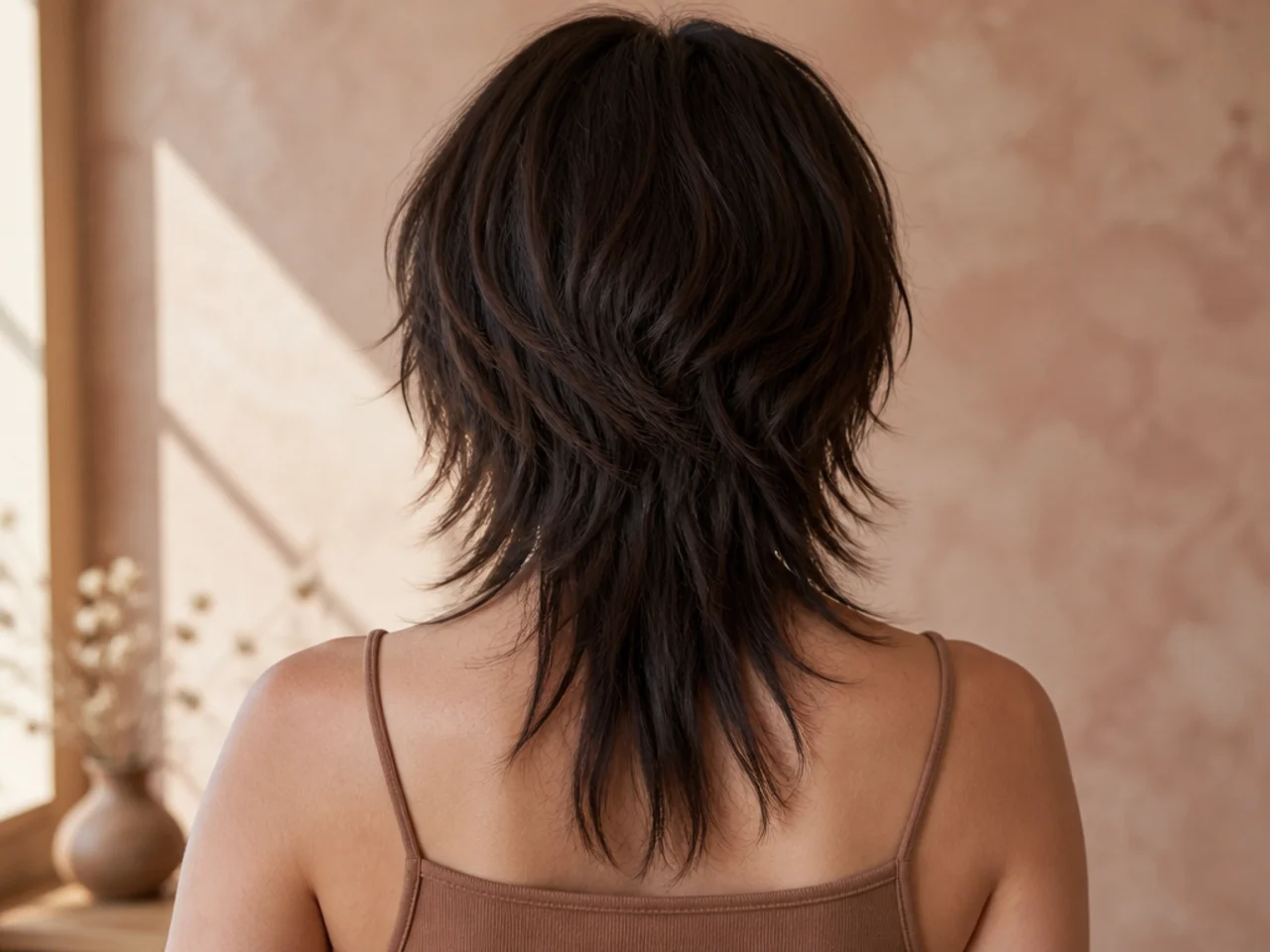 Back view of a wolf cut with the nape length running longer than the sides