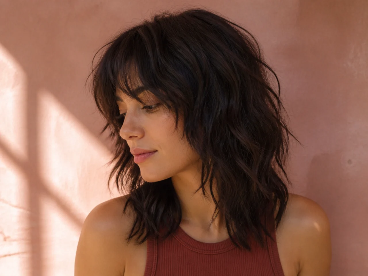A wavy collarbone wolf cut with defined S bends through the mid lengths