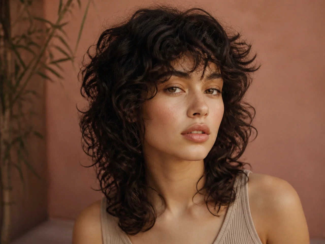 A curly medium wolf cut with a rounded lifted crown and defined spirals at the ends