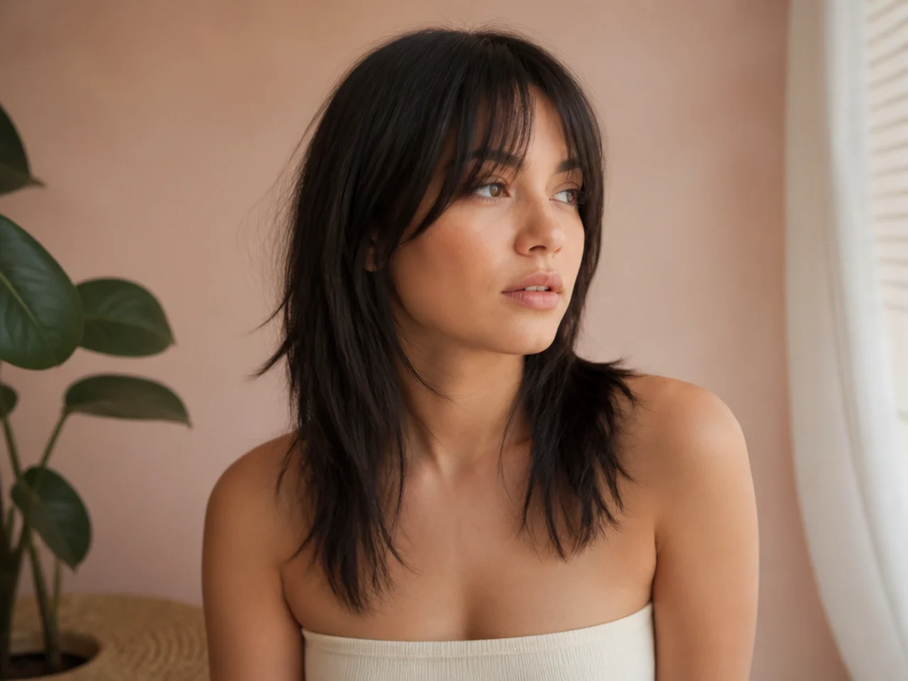 A straight medium wolf cut with softly point cut layer ends and a flat crown