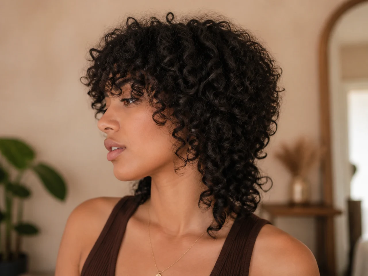 A coily wolf cut shaped into a rounded silhouette with longer pieces at the nape