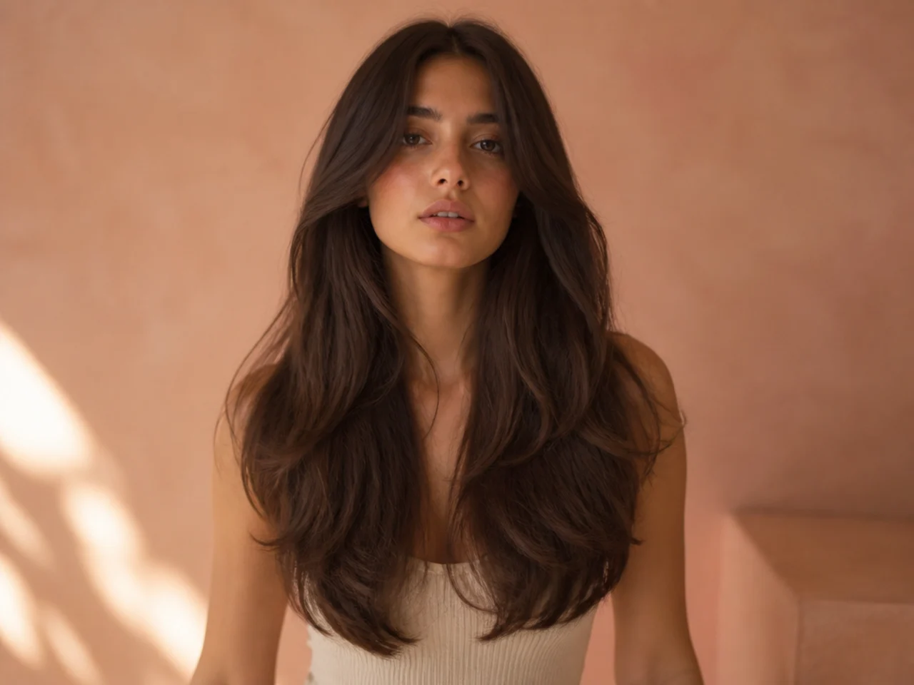 Over layered hair widening into a triangular shape at the mid lengths
