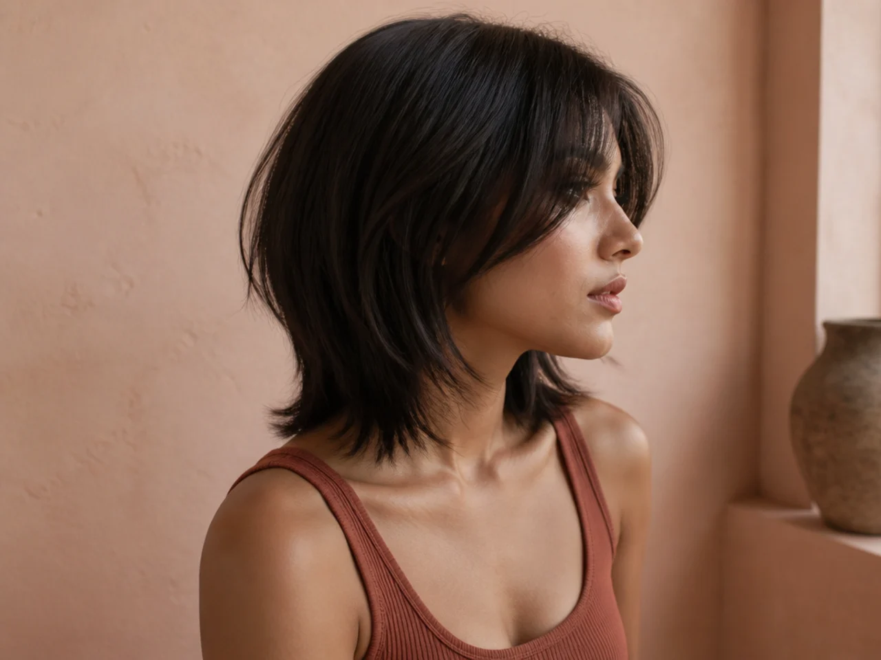 Side view showing the short crown layer sitting above a longer collarbone perimeter