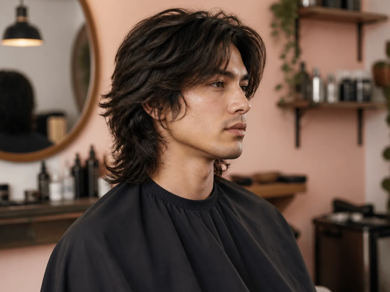 Barber trimming face-framing pieces on a long wolf cut with scissors, client seated in chair