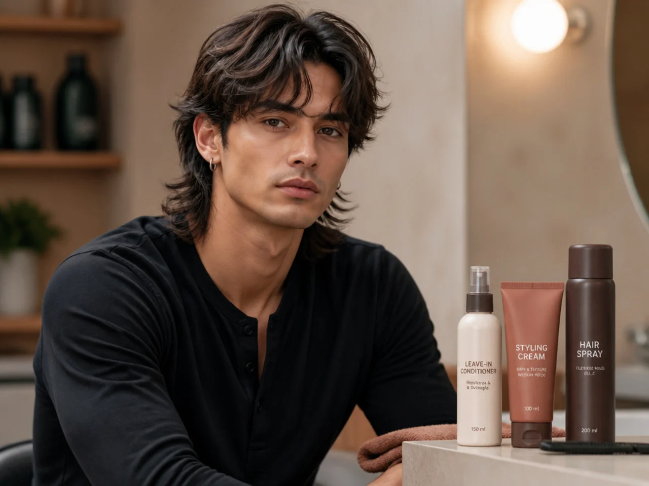 Long wolf cut styling products arranged on a bathroom counter — leave-in conditioner, sea-salt spray, matte clay tin