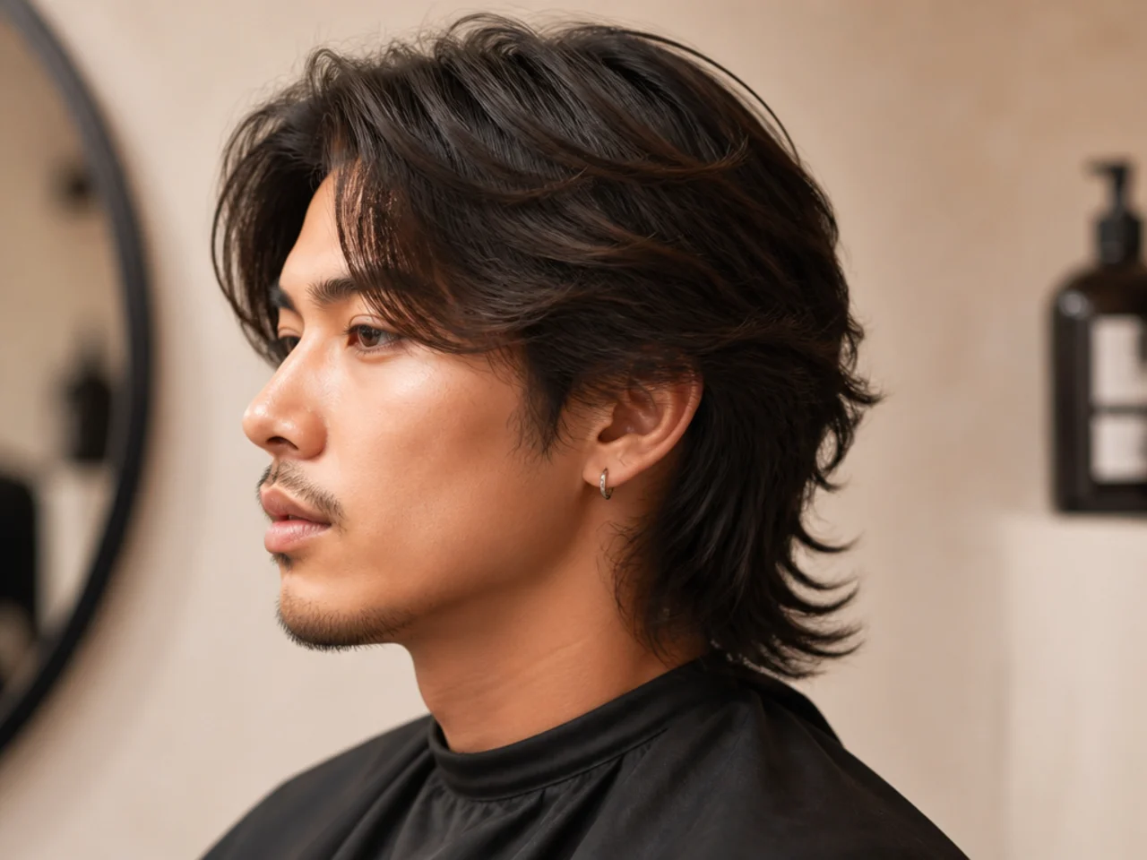 Man blow-drying a long wolf cut with a nozzle attachment pointing downward through the crown, hair falling in layered pieces