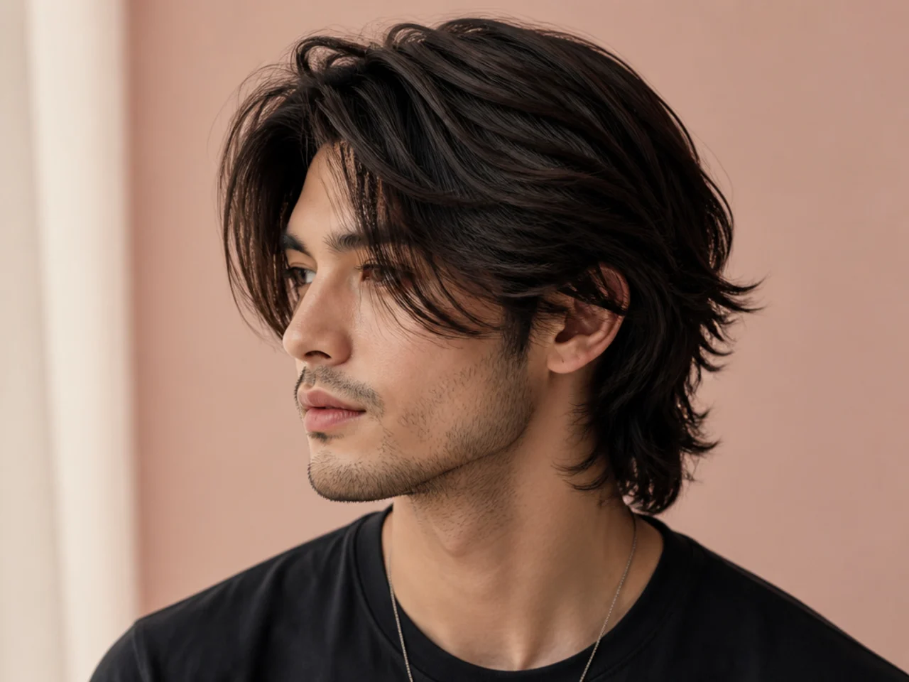 Side-swept wolf cut on straight hair with a deep side part and volume falling to one side