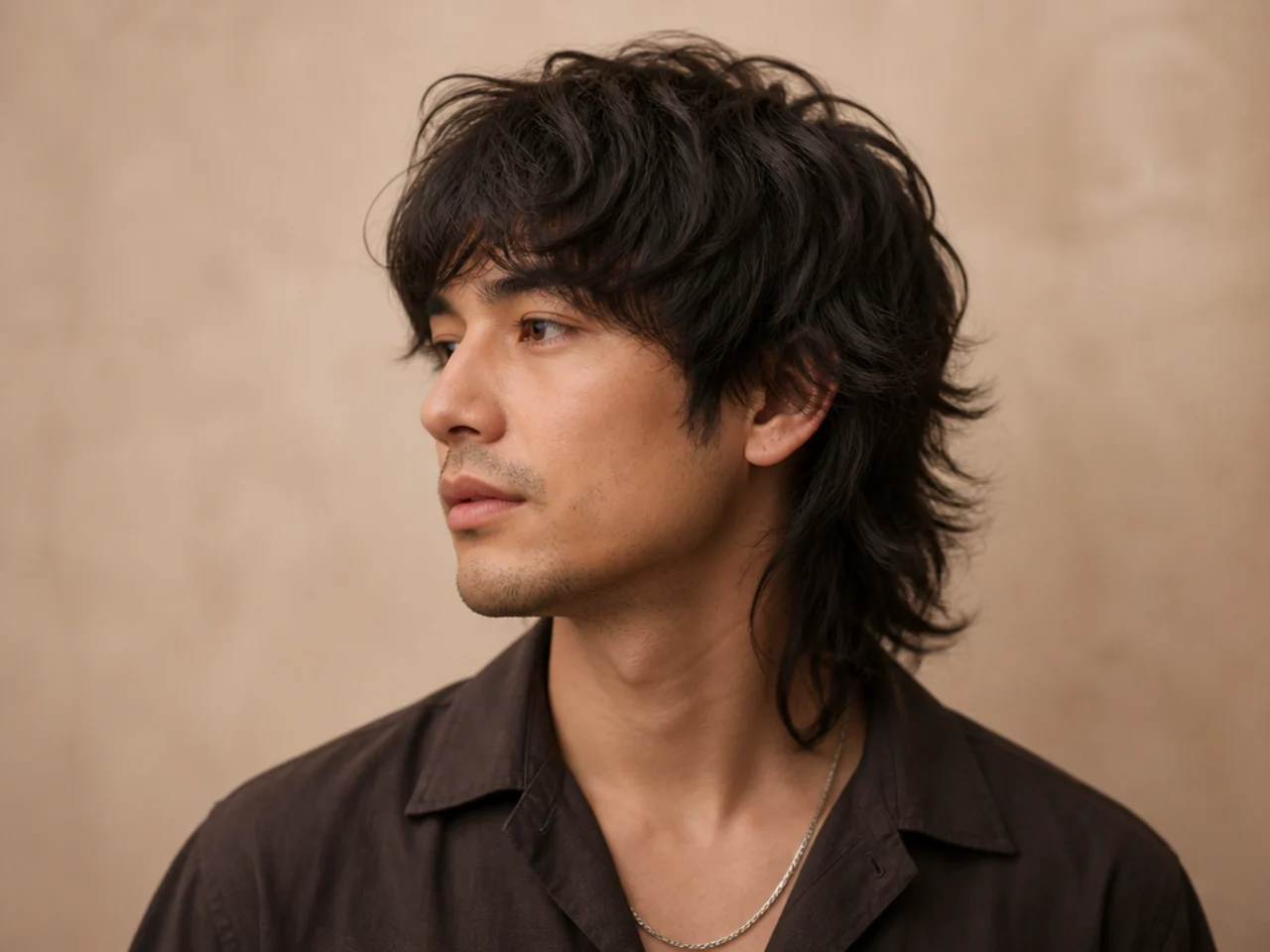Heavy layered wolf cut on thick straight hair with visibly deep layer breaks throughout the crown